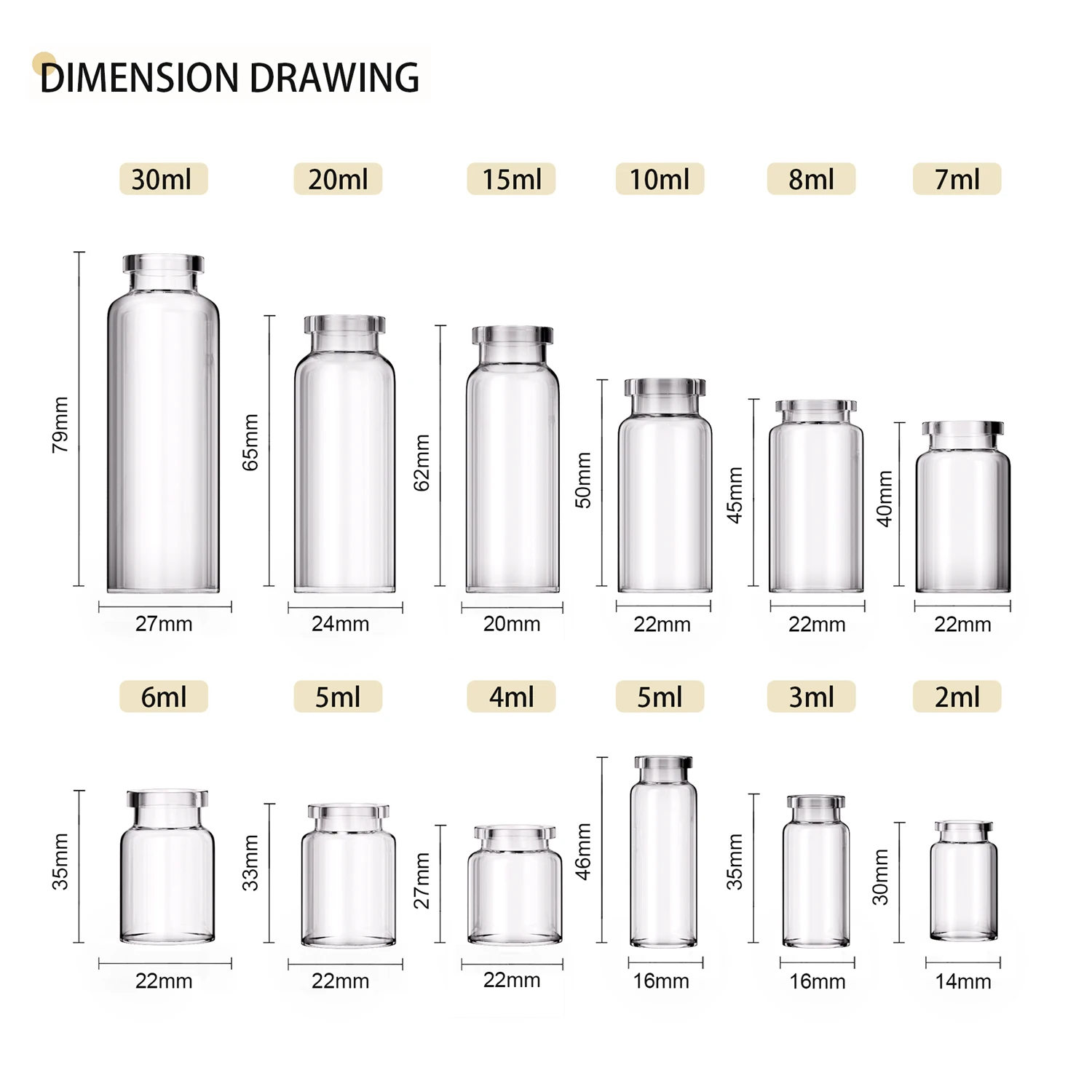 5ml 7ml 10ml 15ml 20ml 30ml Clear Amber Sterile Injection Molded Glass Vials with Rubber Stopper For Serum