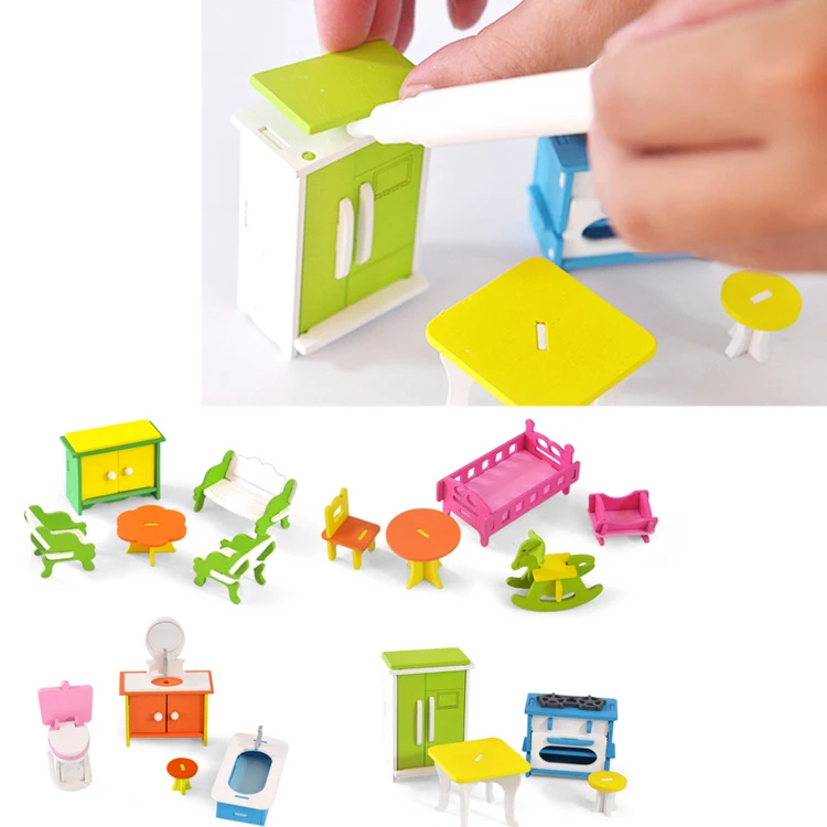 Kids Jigsaw Puzzle Wooden Furniture Educational Pretend Toy Sets with Glue For Children Birthday Gifts Finger Exercise Wood