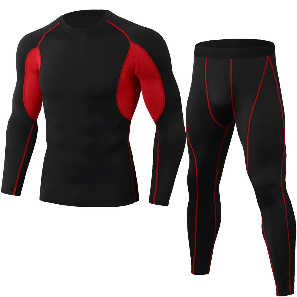Training Bodybuilding Sport 2 Piece Pants Compression Pants Long-Sleeve T-Shirt Compression Short Tights Men Set