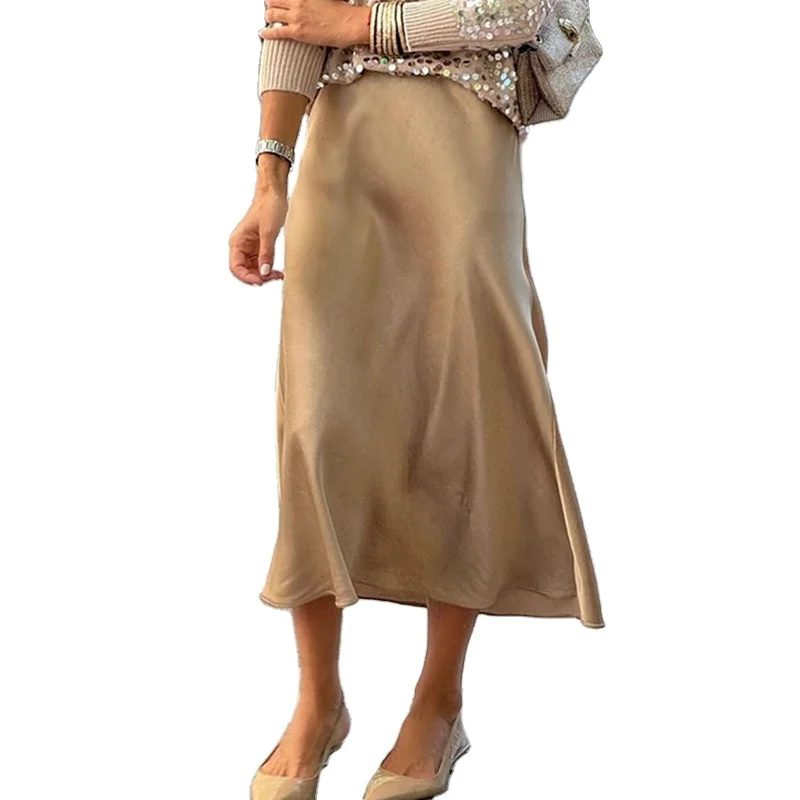 Channel Good Quality Casual Elegant High Waist A Line Silky Satin Midi Skirts For Women