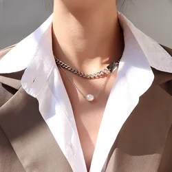 Fashion Double Retro Chain Jewelry Luxury Pearl Letters Square Ladies Necklace Pearl Set of Women