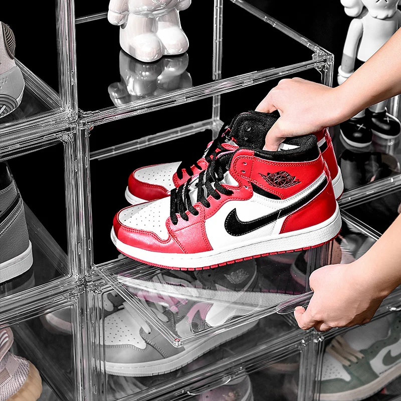 Pet plastic stackable shoe box case side drop large size shoe organizer box with magnetic door Space saving shoe holder