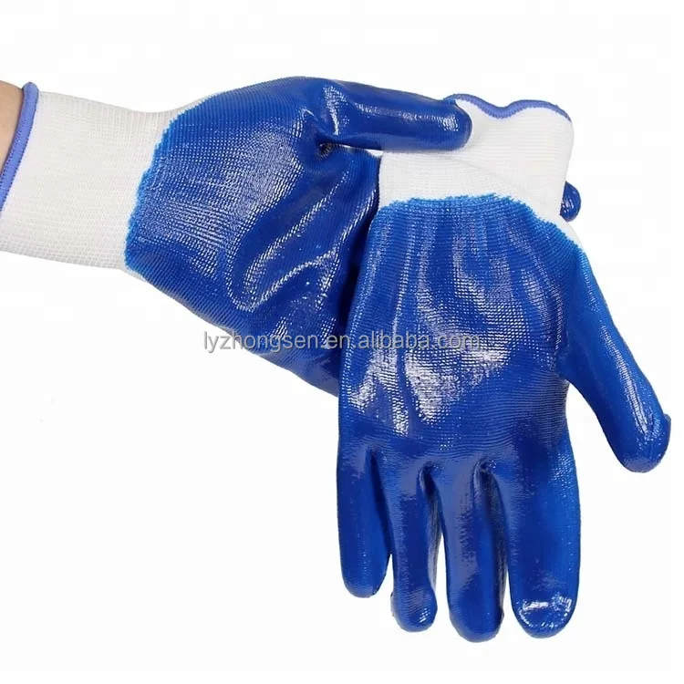 Cheap 13G Blue Polyester Knit Work Nylon Nitrile Coated Gloves