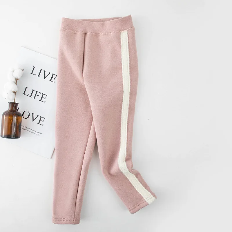 Детские бархатные теплые брюки из ягненка, зимние спортивные брюки в белую полоску для девочек, универсальные бархатные леггинсы для девочек