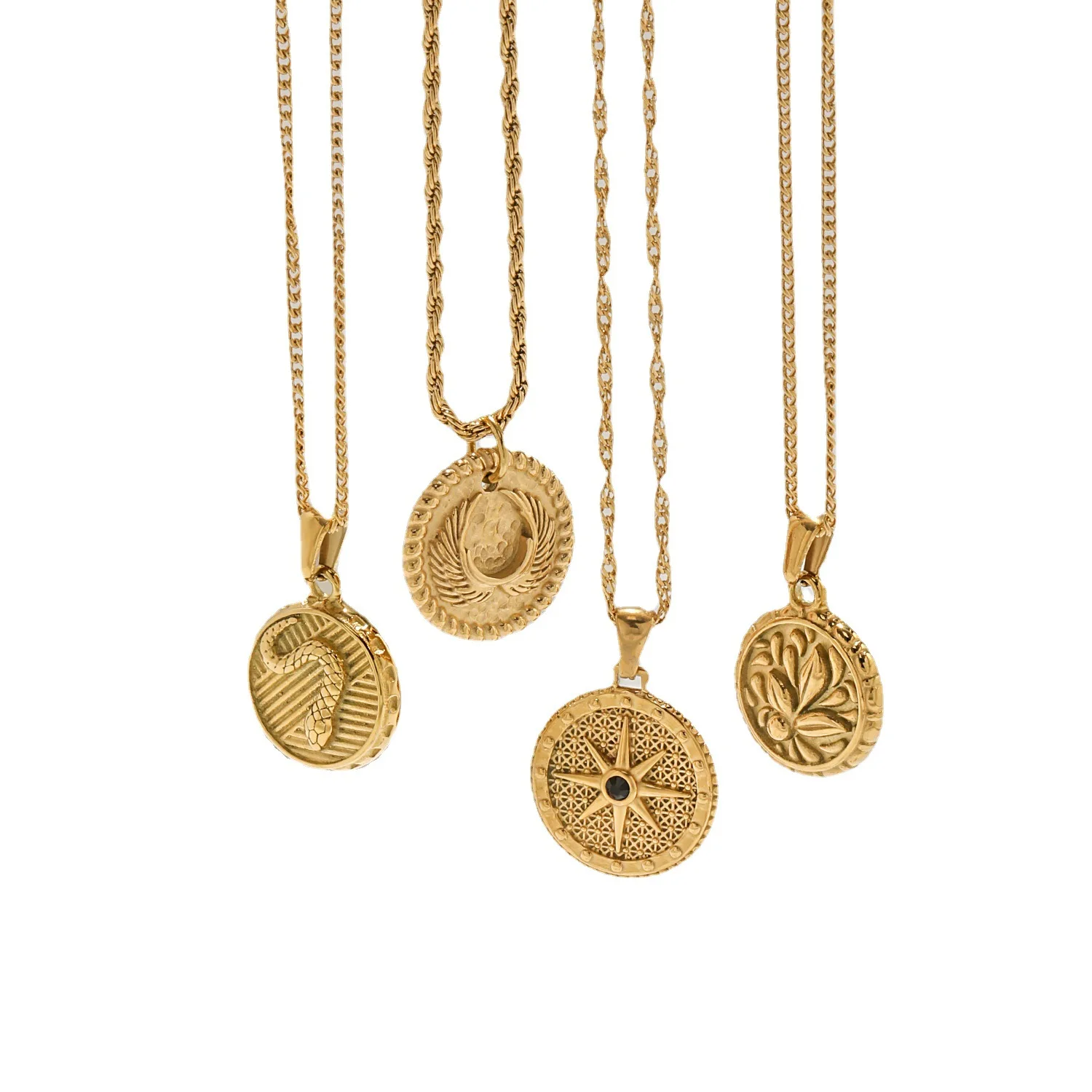 Vershal VSB349 New Arrival Heart Angel Compass Eye Round Elizabeth Coin Signet Medallion No Fade Stainless Steel Necklace