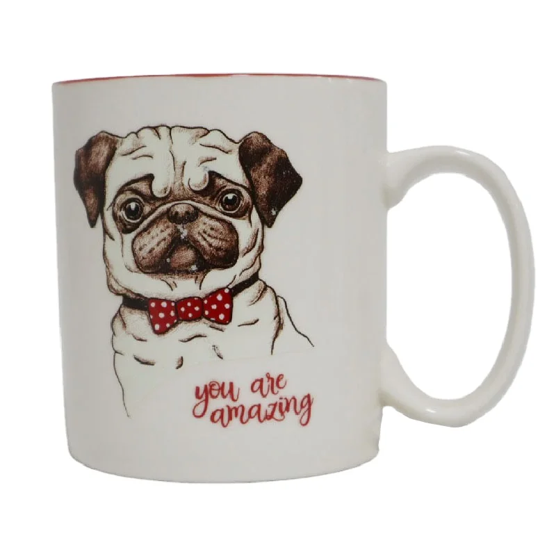 
Eco-friendly Large Straight Shape Stoneware Ceramic Water Cup Wholesale White And Red Glazed Ceramic Mug With Animal Logos 