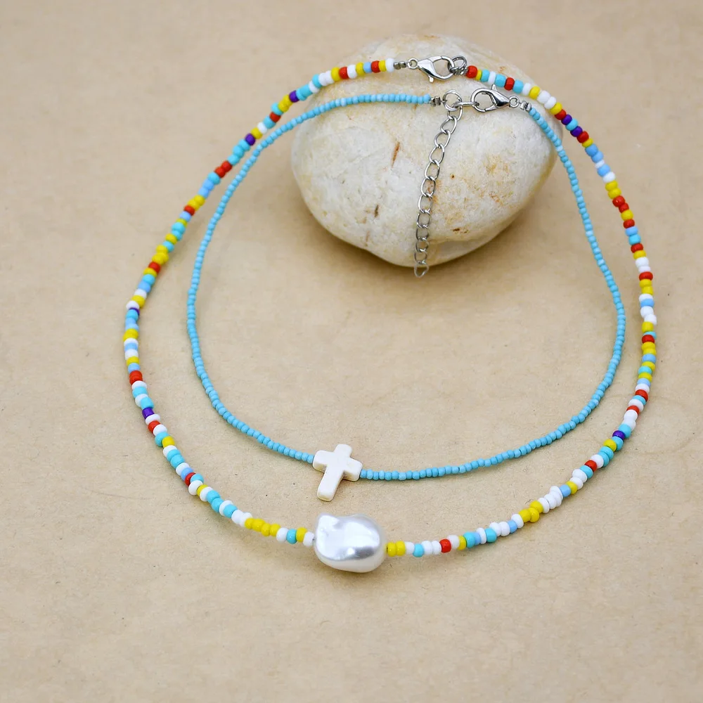 United States Holiday Women Jewelry Colorful Seed Beaded Choker Necklace Cross Female Retro Pearl Collar Jewelry Wholesale