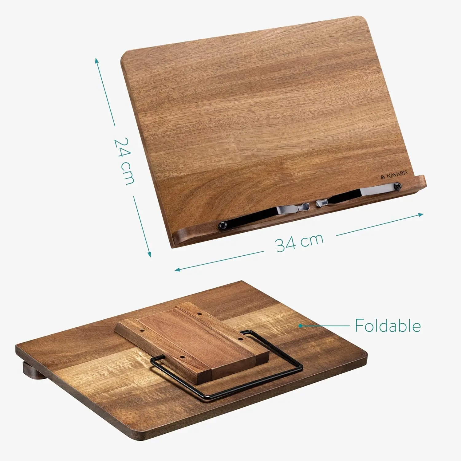 Wooden Book Stand Hands-Free Reading Recipe Cookbook Tablet Holder with 2 Adjustable Metal Page Holders with Grips