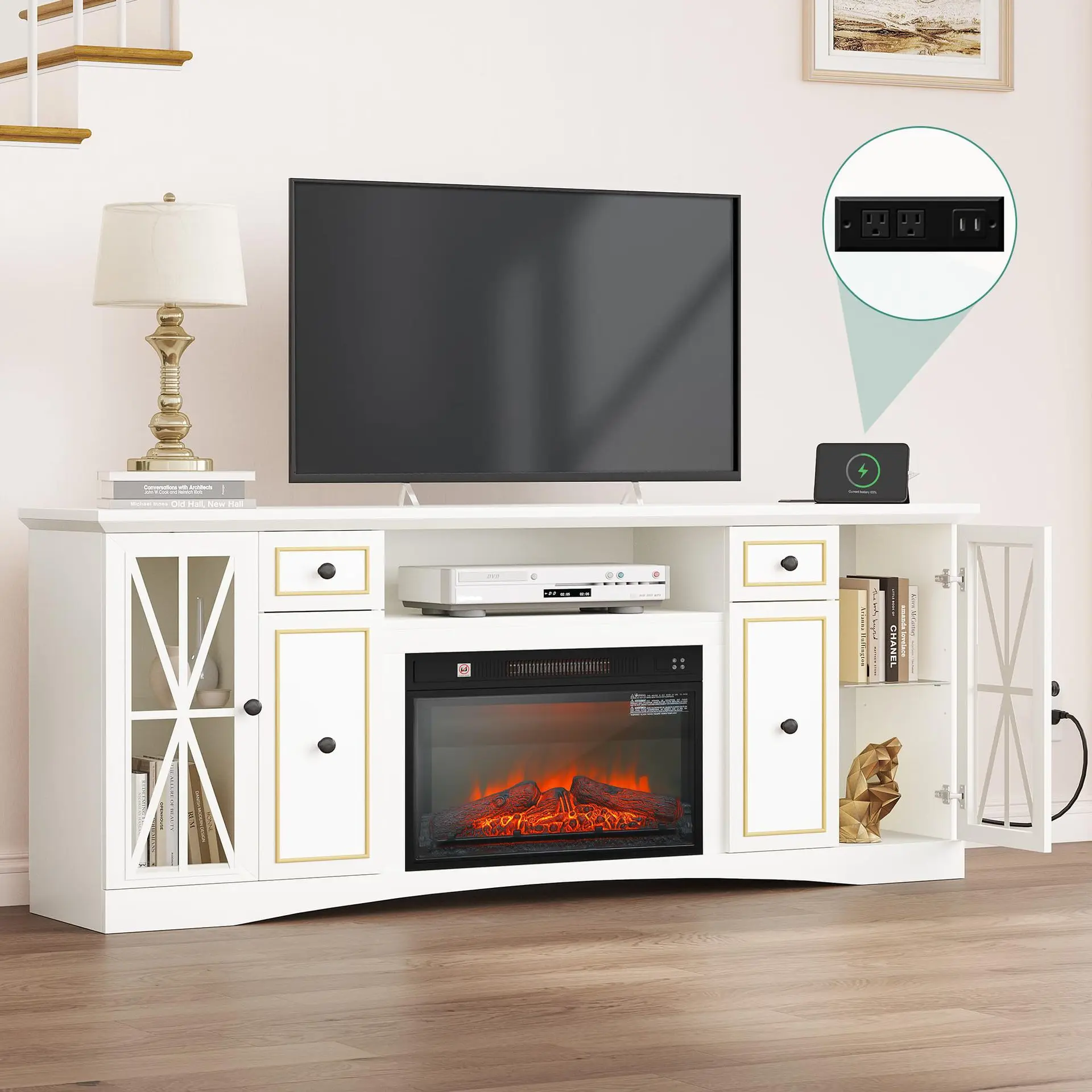 Living Room Furniture Modern Wood Particle Board Table Wall Decorative Unit TV Stand Cabinet with Fireplace without Heating
