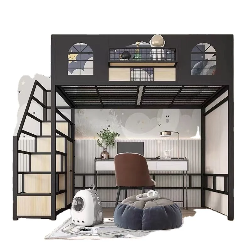 Customized Modern Iron Loft Bunk Bed with Storage Apartment Dormitory Iron Bed with Stairs