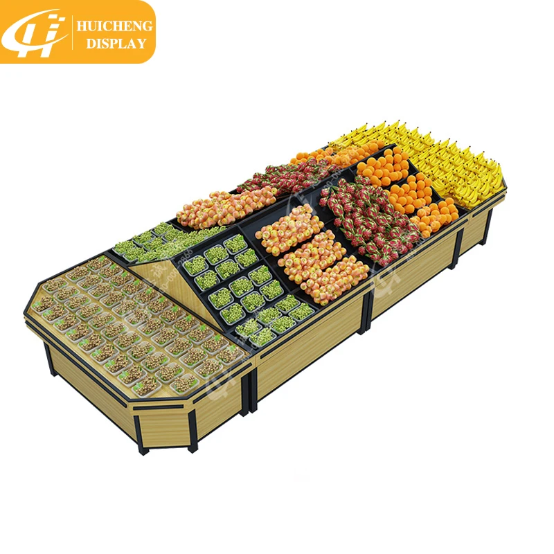 customized Supermarket wooden double sided Tilt-Top racks  Produce display table for vegetables