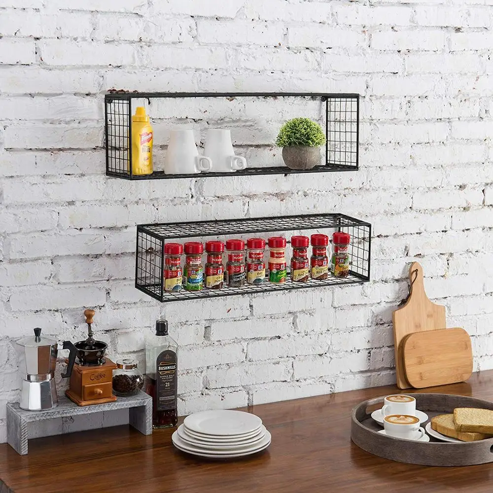 
Black Metal Wire Wall-Mounted Rectangular Floating Shelves, Display Shadow Boxes, Set of 2 