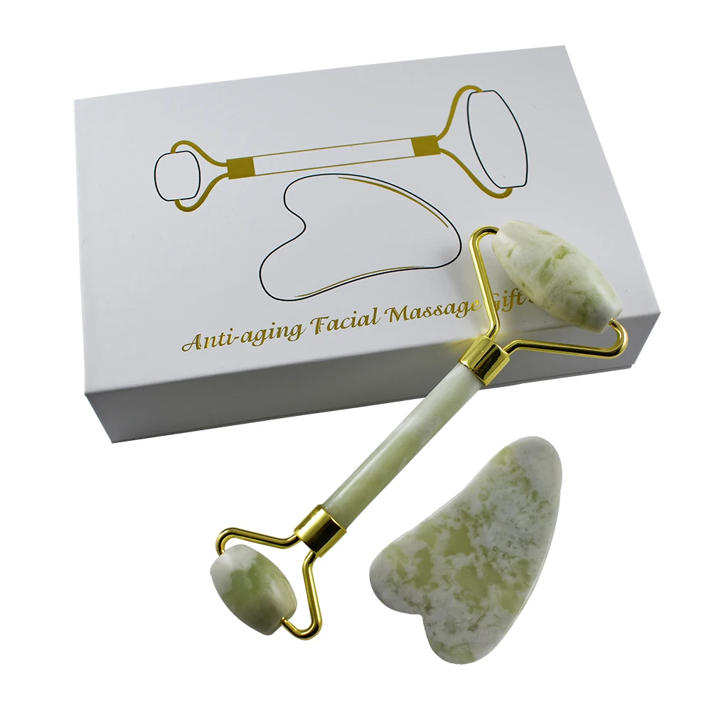 Factory price facial anti aging xiuyan jade guasha and Jade roller zinc alloy