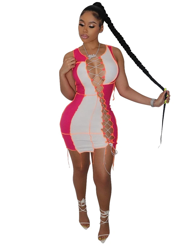 DUODUOCOLOR Summer 2021 bodycon dresses clashing color splicing sexy club wear hollow out bandage dress D97227