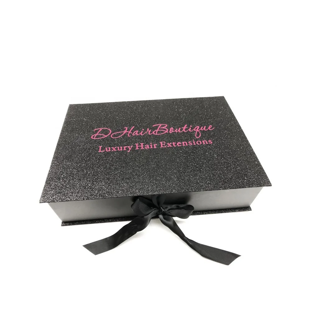 Hot Selling Black Silk Ribbon Rigid Cardboard Foil Stamping Logo Glitter Paper Boxes for Hair Bundles Hair Extensions Packaging