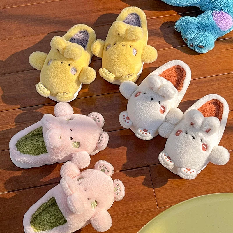Cartoon cute rabbit fluffy slippers winter indoor home thickened non-slip soft sole bedroom plush slippers women