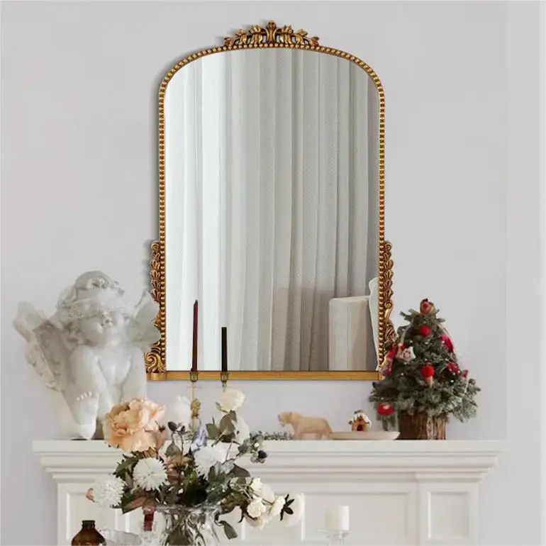Customized vintage geometry wall decor frame arched gold charging makeup vanity mirror with LED lights for living room bathroom