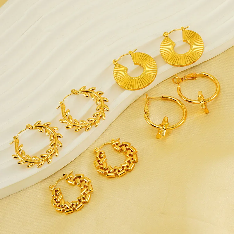 Fashion Women Jewelry Thick Chunky Stainless Steel 18K Gold Plated Stripes Snail Shell Shaped Spiral Hoops Hoop Earrings