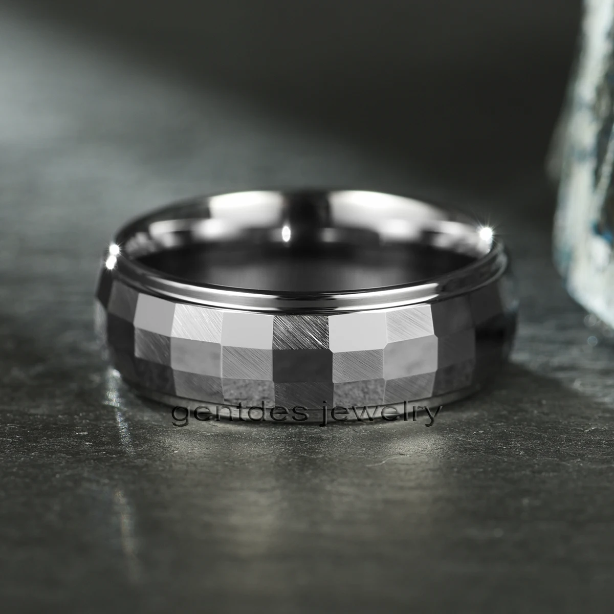 Gentdes Jewelry 8MM Men Jewelry Silver Faceted & Brush Finish Wedding Band Tungsten Carbide Steel Ring