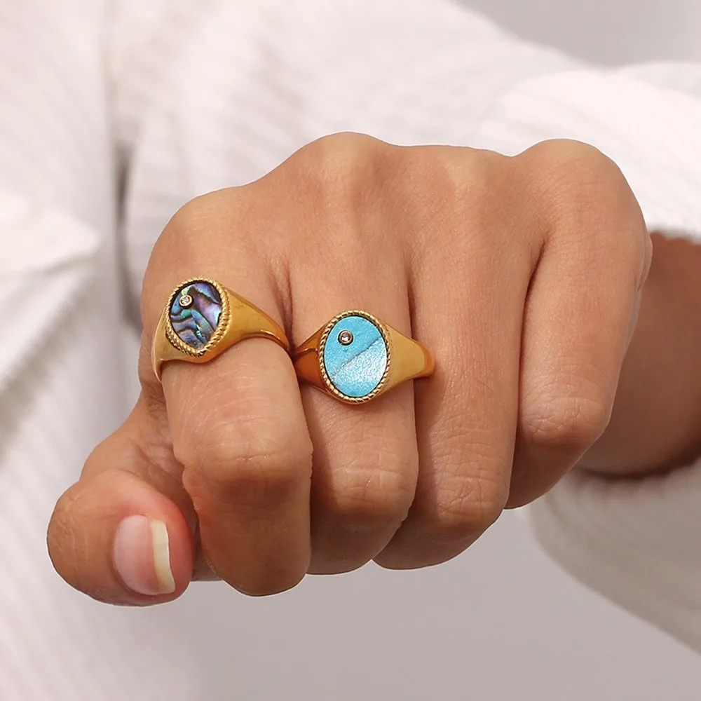 Wholesale Fashion Luxury Women Rings Zircon Pearl Enamel Chunky 18K Gold Stainless Steel Women Ring