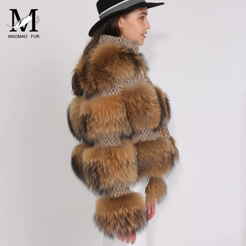 New Fashionable Woman Jacket Fur Real Raccoon Fur Jacket Fluffy Big Raccoon Fur Collar Coat