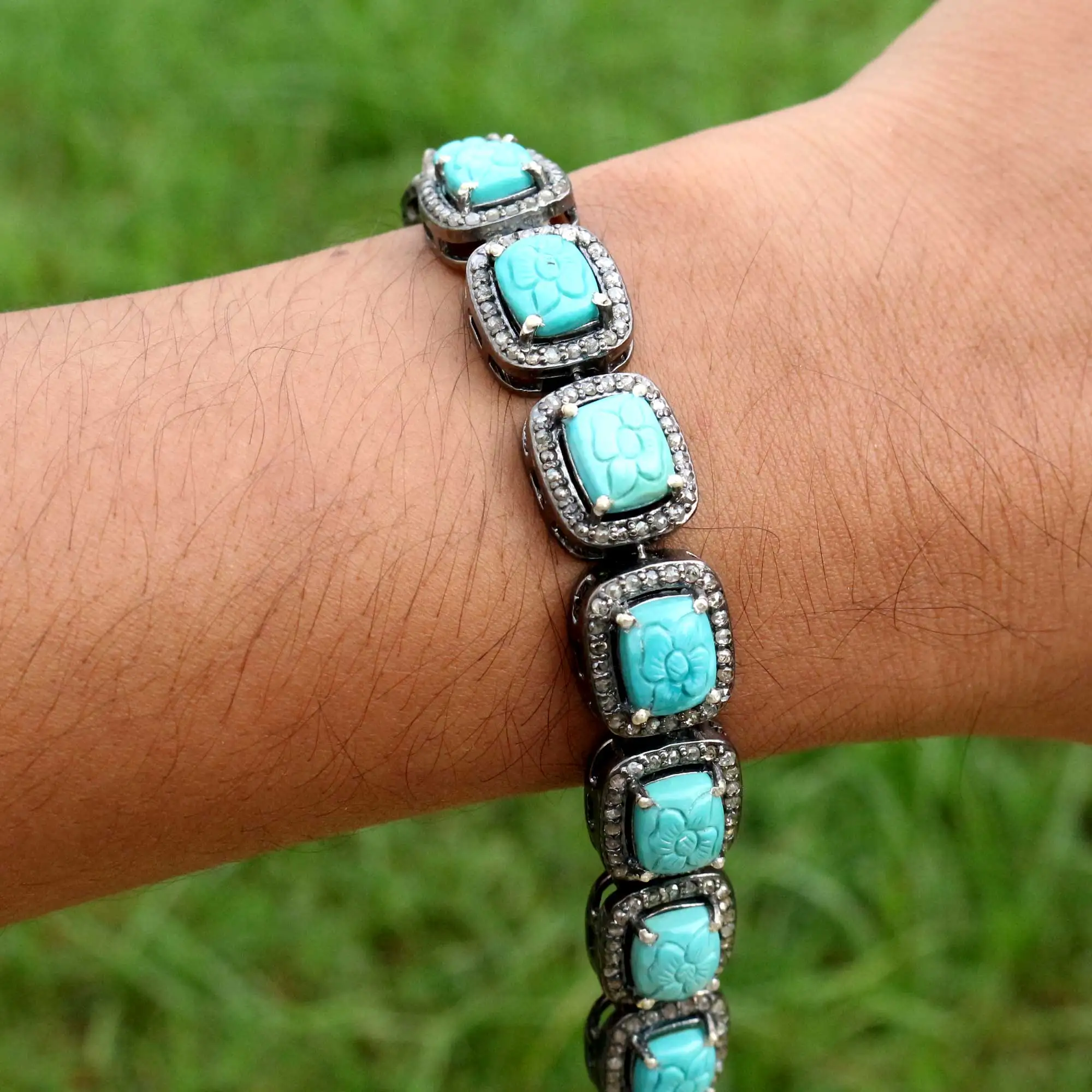 Natural Blue Turquoise Bracelet Diamond Gold Bracelets 14k Gold Turquoise Diamond Engagement Gold Bridal Bracelets