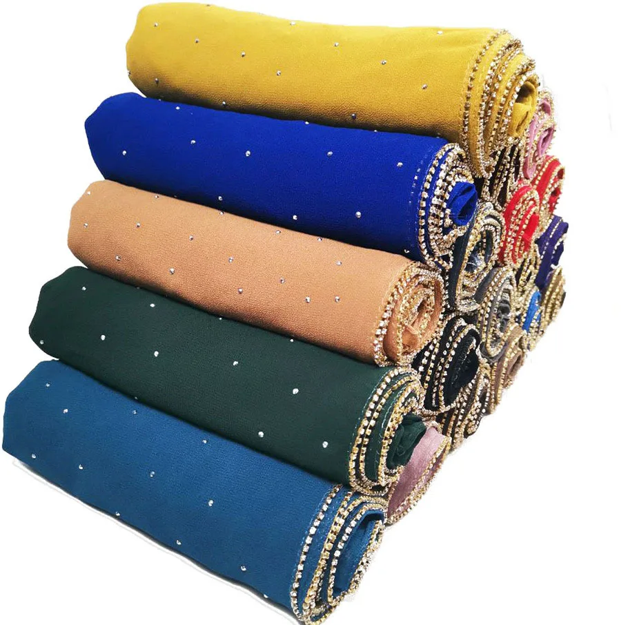 Hot Sale Malaysia Muslim Women Rhinestone Pearl Chiffon Long Hijab Scarf r Shiny Shawl
