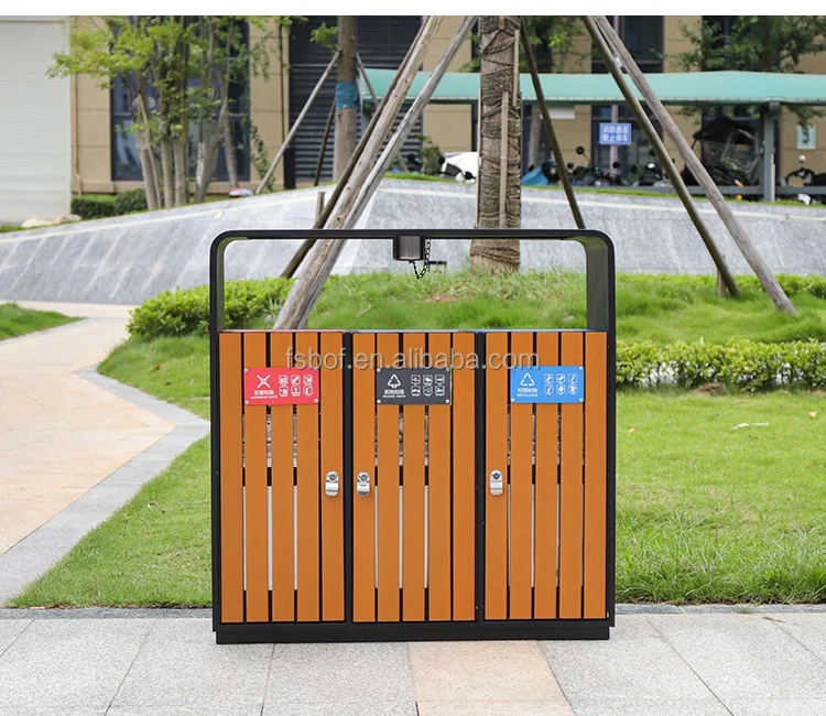outdoor commercial wood and metal trash can outside garden large dustbin street ash-bin garbage can stand fancy garbage cans