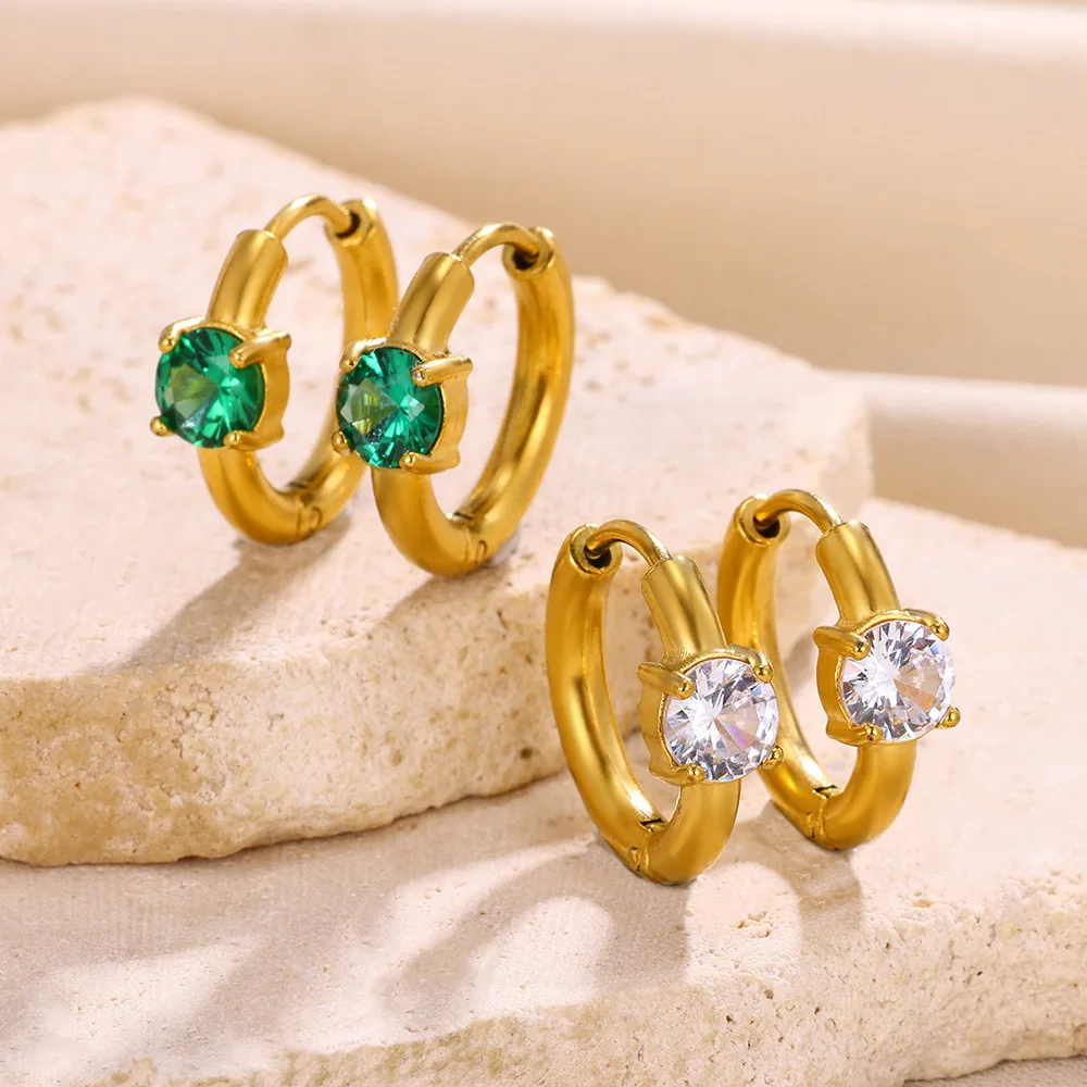 Waterproof Womens Emerald Gemstones Green Zirconia Star Earrings Round Heart Small Hoop Gold Plated Huggies Earrings Jewelry
