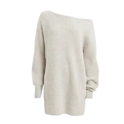 FYB Luxury Rib Knit Grey Sweater Dress Knitwear Knee Length Off One Shoulder Knitted Dresses For Ladies