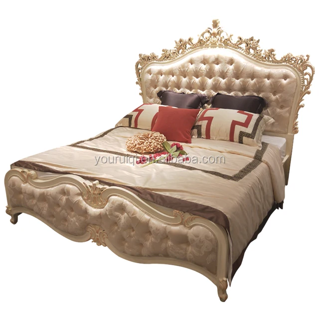 Customised European Bed,  NeoClassic Ivory Carved Wood Fabric Bed/ Italian Luxury Bedroom Furniture