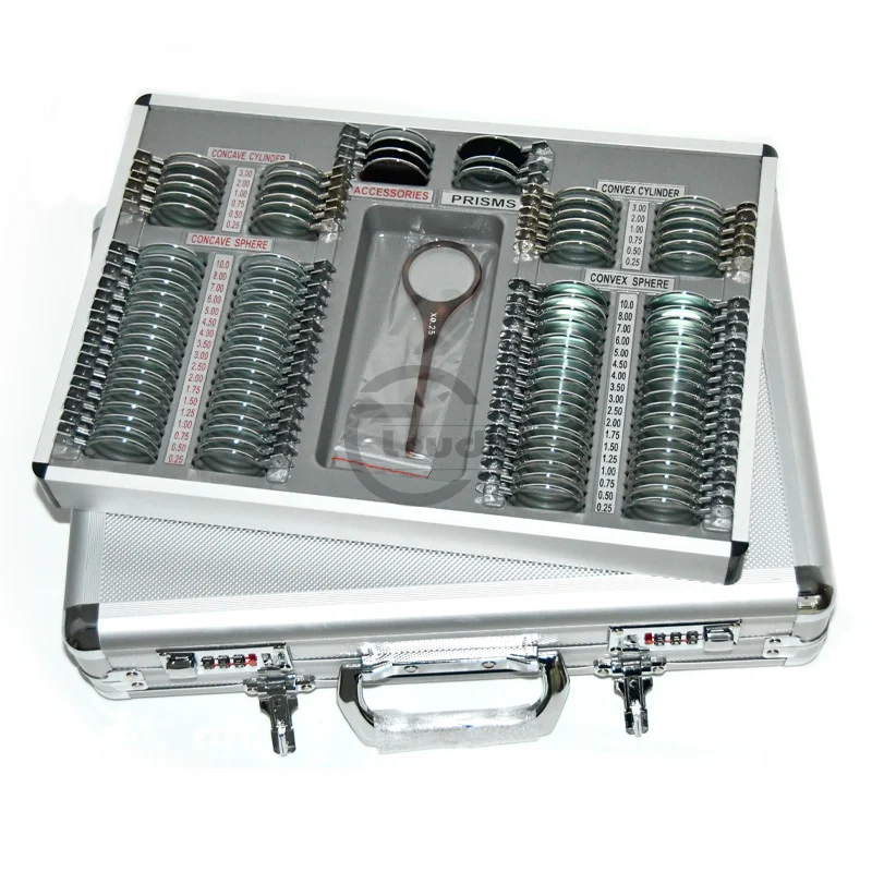 Лидер продаж оптометрическое оборудование 104 набор пробных линз металлические диски алюминиевый корпус + бесплатная рамка низкая