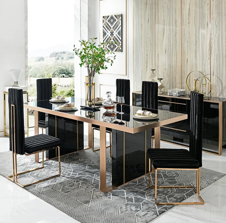 Silver Stainless Steel Dinning Furniture White Rectangle Shape Marble Dining Table Sets