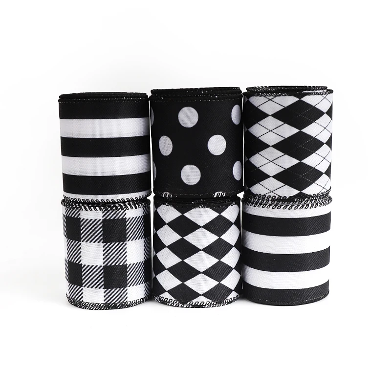 1 Roll 5 Yards Bulk Wholesale 6.3cm Wide Burlap Wired Edge Plaid Stripes Lines Dots Ribbon For Wreaths Bow Making Decorative