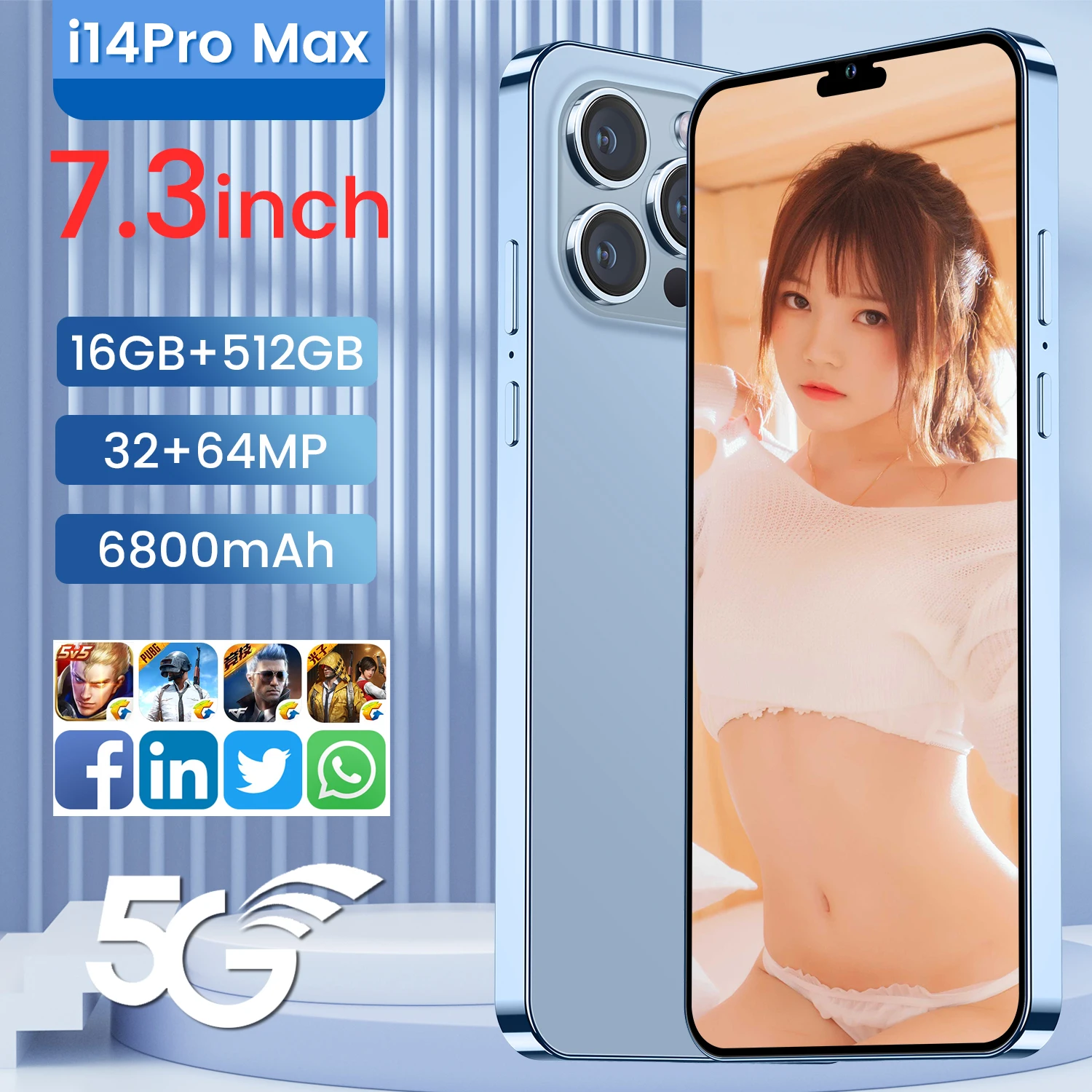 New Global i 14 pro max cell phone 7.3 inch Big Screen 5G smartphone 16GB + 512GB dual SIM Android mobile i phone I14 PRO MAX
