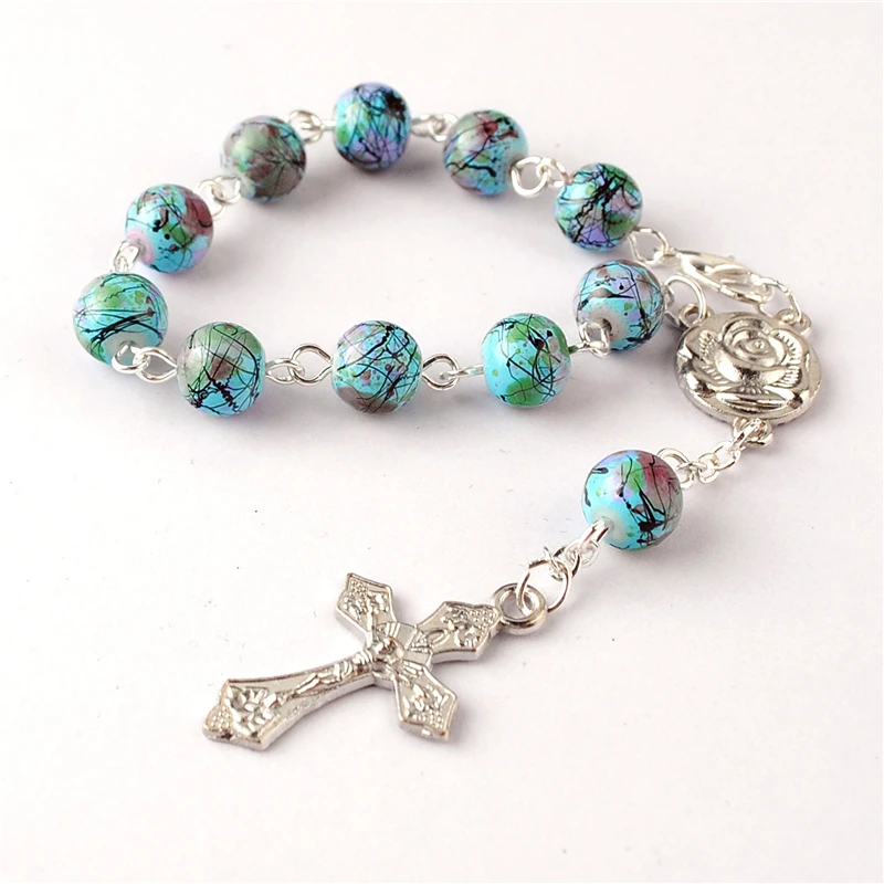 Kingme Fashion Catholic Jewelry 8 mm Glass Beads Cross Rosary Bracelet with Rose Center Piece & Mini Crucifix