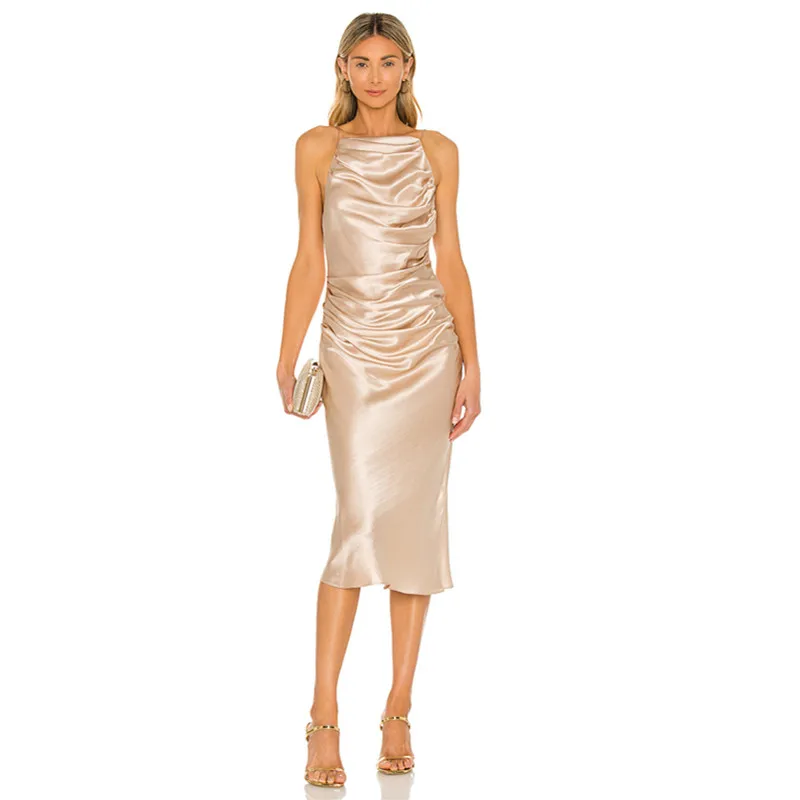 custom elegante dresses sleeveless ruched party women satin prom dress