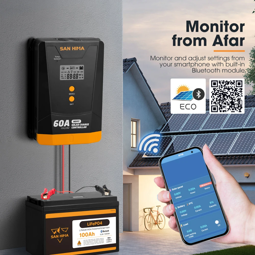 SAN HIMA Blue-tooth Control Auto Recognition 12V/24V 20A  40A 60A Solar Charge Controller MPPT Camping Solar Panel Regulator