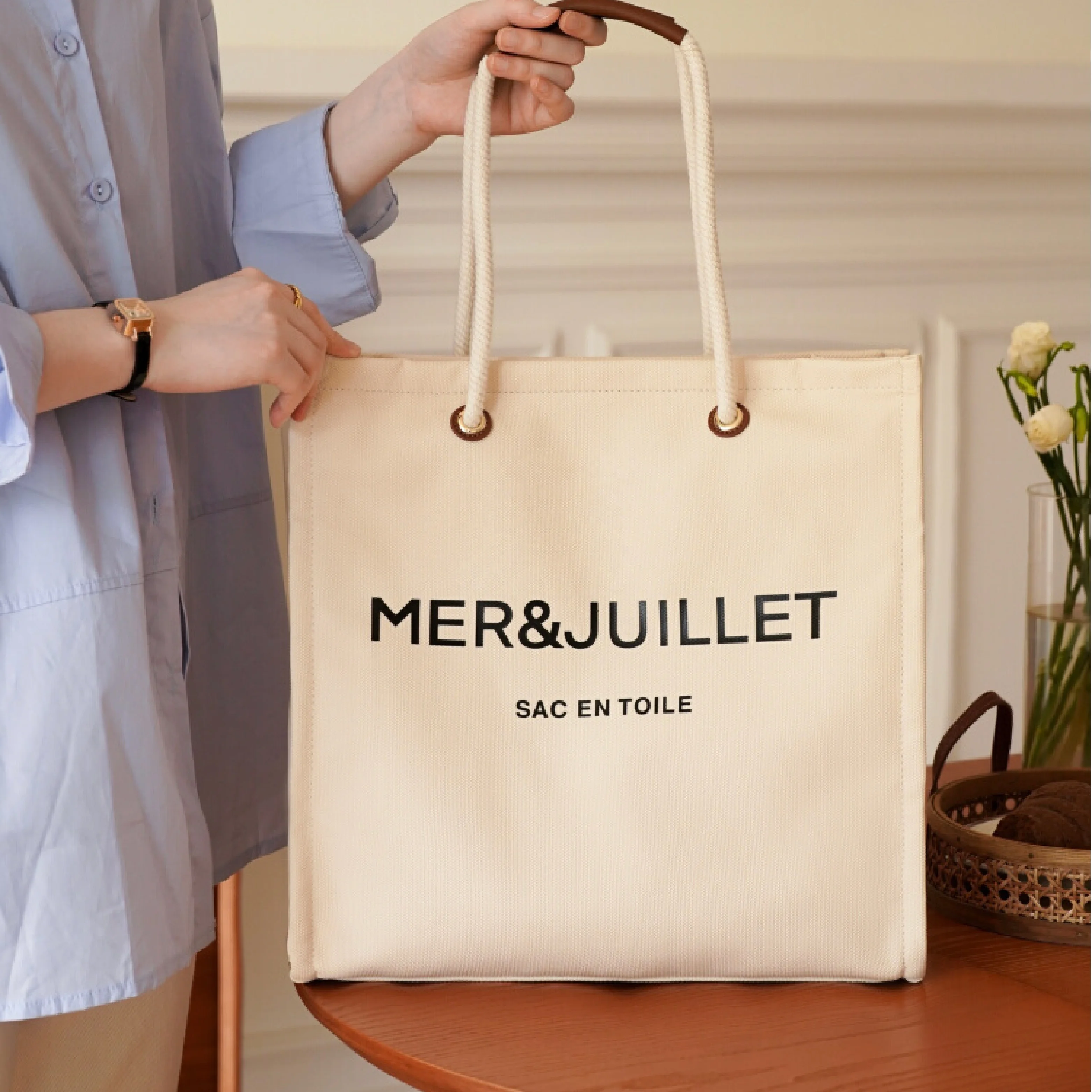 Portable Cotton rope storage bag canvas tote shopping bag with cotton rope