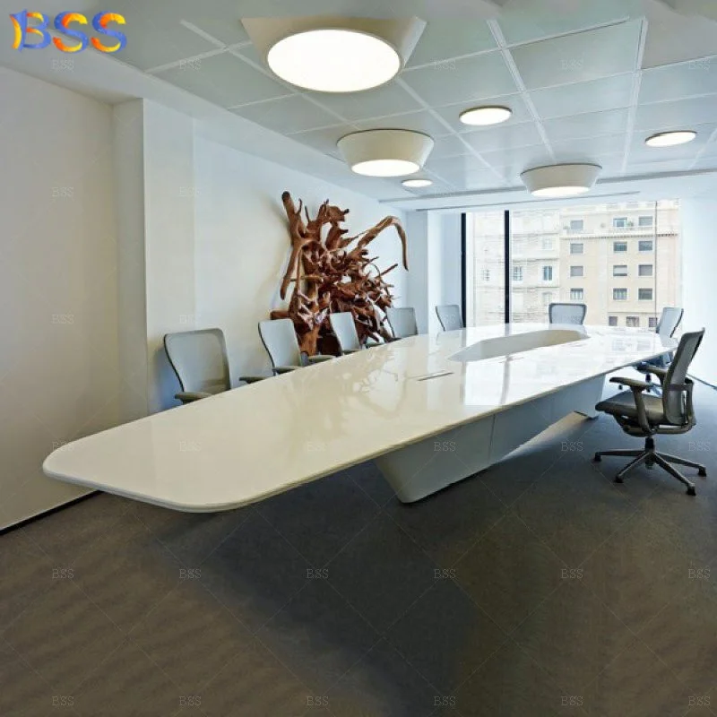 Malta OEM Marvelous Multifunction Pop-Up Box Pure White Artificial Marble Top Big Office Boardroom Table Conference