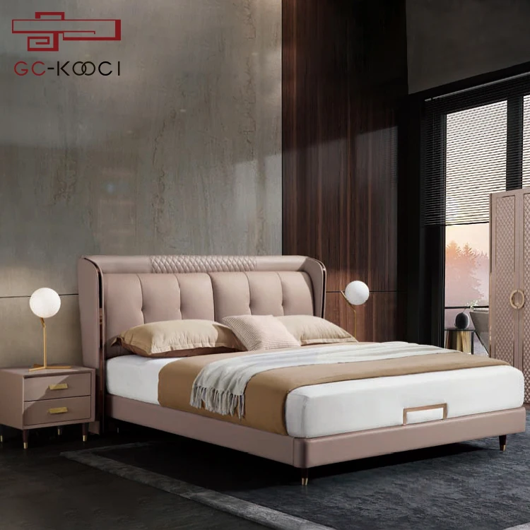European style Steel frame light luxury modern design Upholstered bed king size queen size fabric leather bed