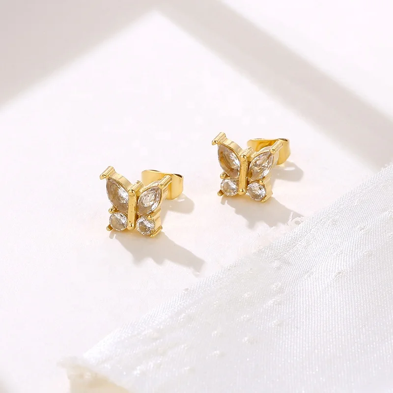 18K Gold Plated Stainless Steel Necklace And Earring Jewelry Diamond Crystal Zircon Butterfly Stud Earrings for Women