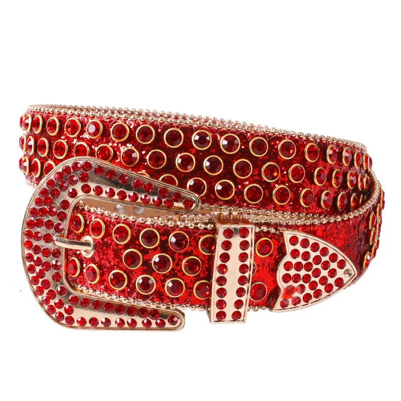 1.5 Inches Crystal Studded Alloy Buckle Custom Rhinestone Belts Glitter PU Leather Belt With Rhinestones