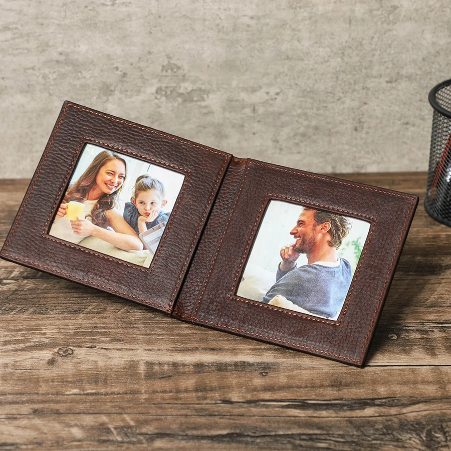 Vintage Genuine Leather Double Picture Frame Opening Folding Two Pictures Family Photo Tabletop Frame Stands Vertically