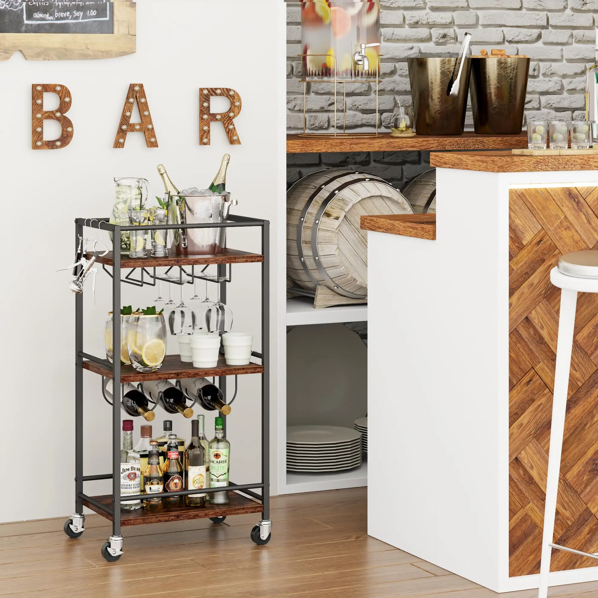 3 Tier Utility Service Cart Fruit Storage Baskets Rack for Industrial Island Food Trolley with Handle Rolling Storage Carts