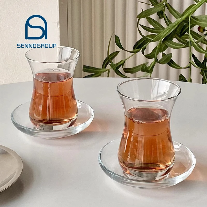 New Design Fancy Waist Shot Glass Black Tea  Tulip Turkish Teacups with Saucers