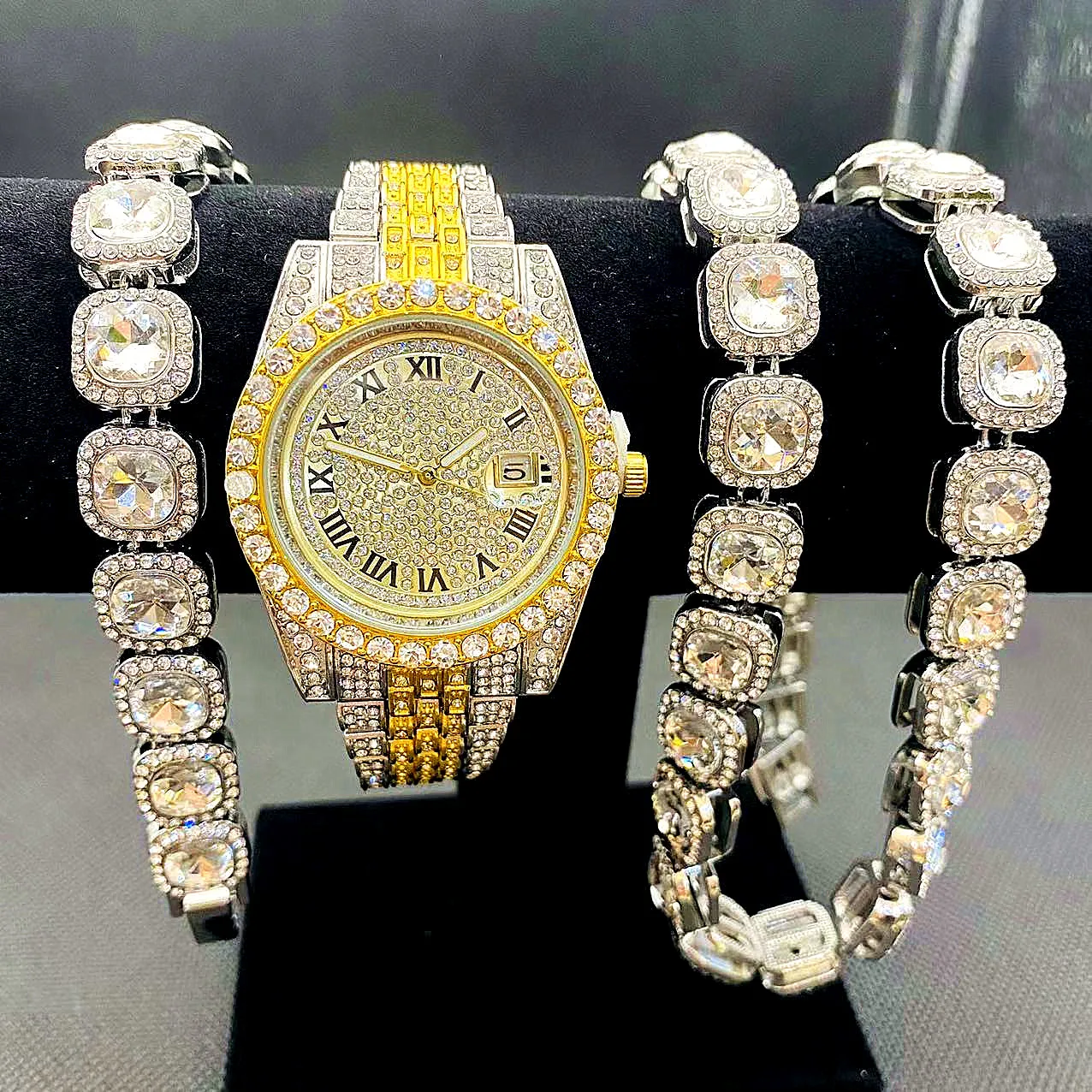 3pcs/set Iced Out Watches men wrist luxury Watch Cuban Link Chain Bracelet set Bling Jewelry Sets for Men Hip Hop Watch For men