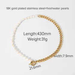 Casual Pearl OT Buckle 18K Gold Plated Necklace Stainless Steel Half Cuban Chain Half Freshwater Pearl Connected Necklace