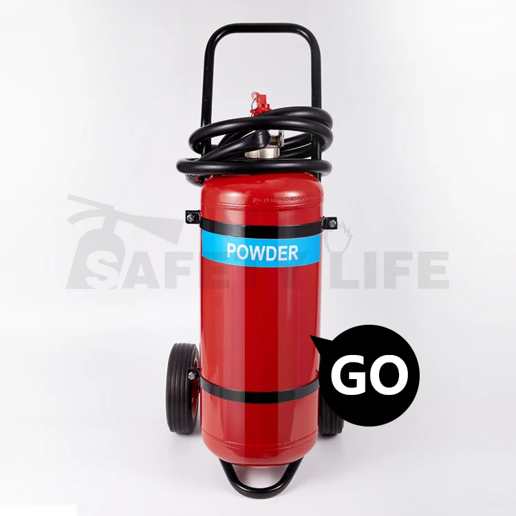 Safety Life wheeled trolley carbon steel with chromed CE valve abc 50kg dry powder fire extinguisher