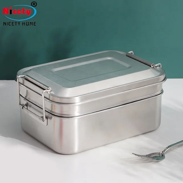 Eco-friendly 2 layer bento lunchbox stainless steel  bread box with clips reusable plastic-free